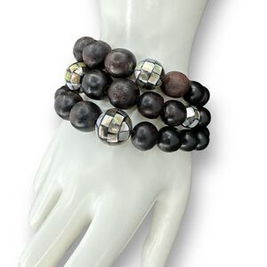 Triple Strands Wood Beads Bracelet Dark Wooded Mosaic Beads Toggle Clasp Plated